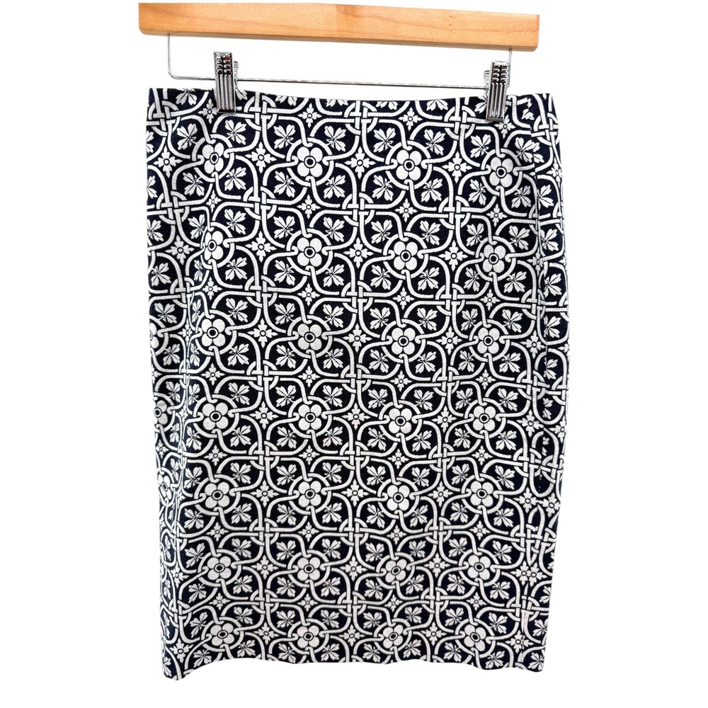 Talbots Pencil Skirt 4 Navy Blue White Floral Geometric Tile Lined Office NWT